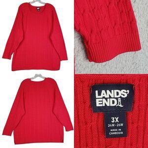 Lands End Sweater Women’s Plus Size 3X Red Pullover Crewneck Cable Knit